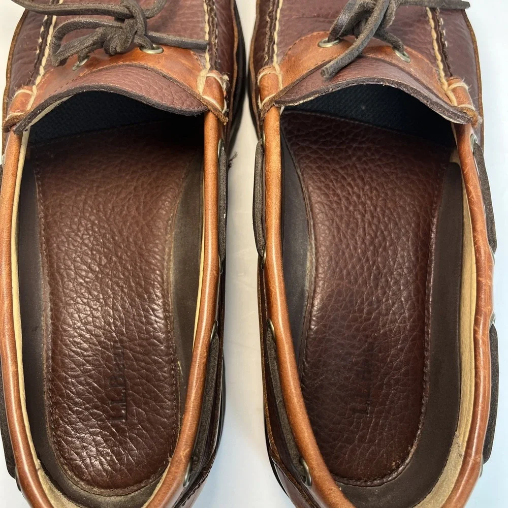 L.L. Bean Allagash Mens 10.5 EE Bison Leather Boat Shoes Slip-On Mock Toe 273080